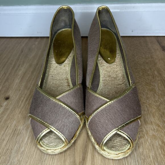 Ralph Lauren Women 9 Cecelia Gray Jersey Gold Trim Espadrille Jute Wedge Peep To - Picture 2 of 9